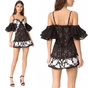 For Love And Lemons Lace Matador Black and White Floral Embroidered Mini Dress